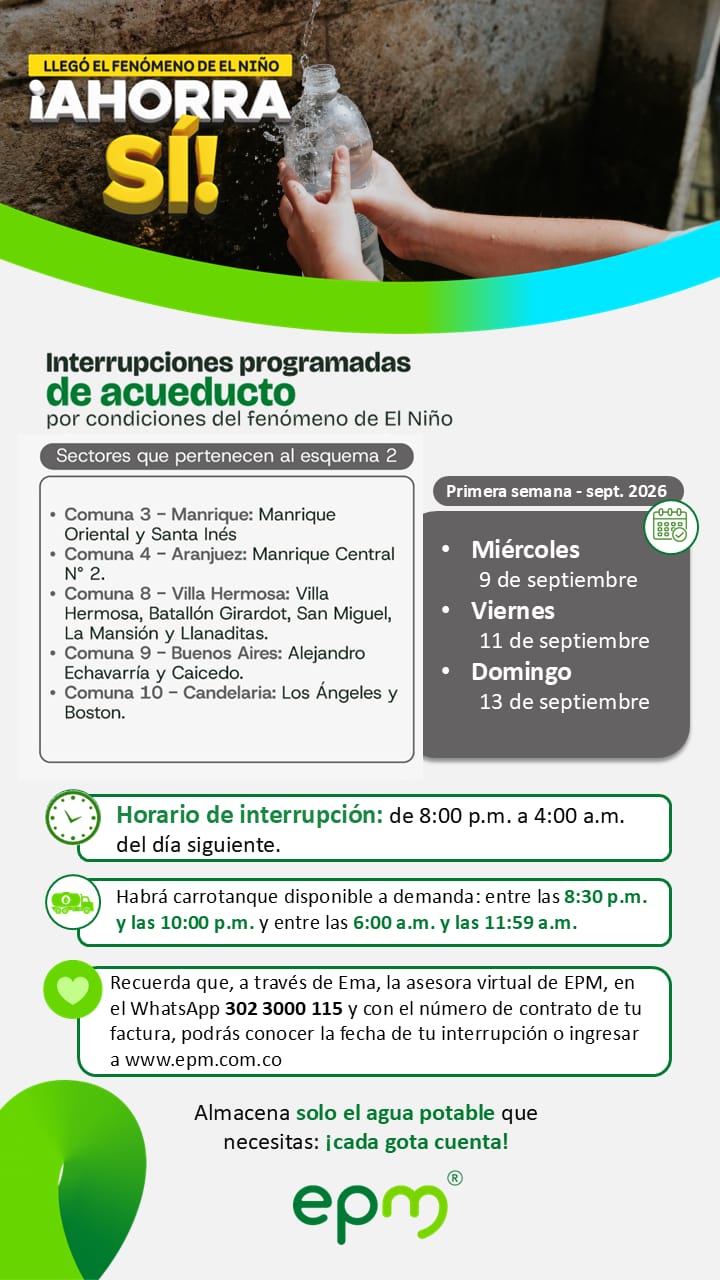 ¡Atención, Medellín! Por las condiciones asociadas al fenómeno de El Niño, esta semana tenemos interrupciones programadas de acueducto en sectores específicos de la ciudad.